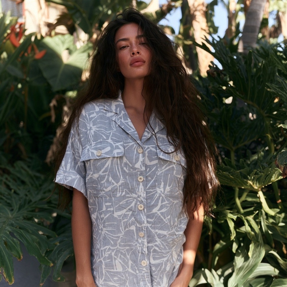 Madewell Button Camp Down Shirt Womens Blue Linen Blend Palm Leaf Size Medium